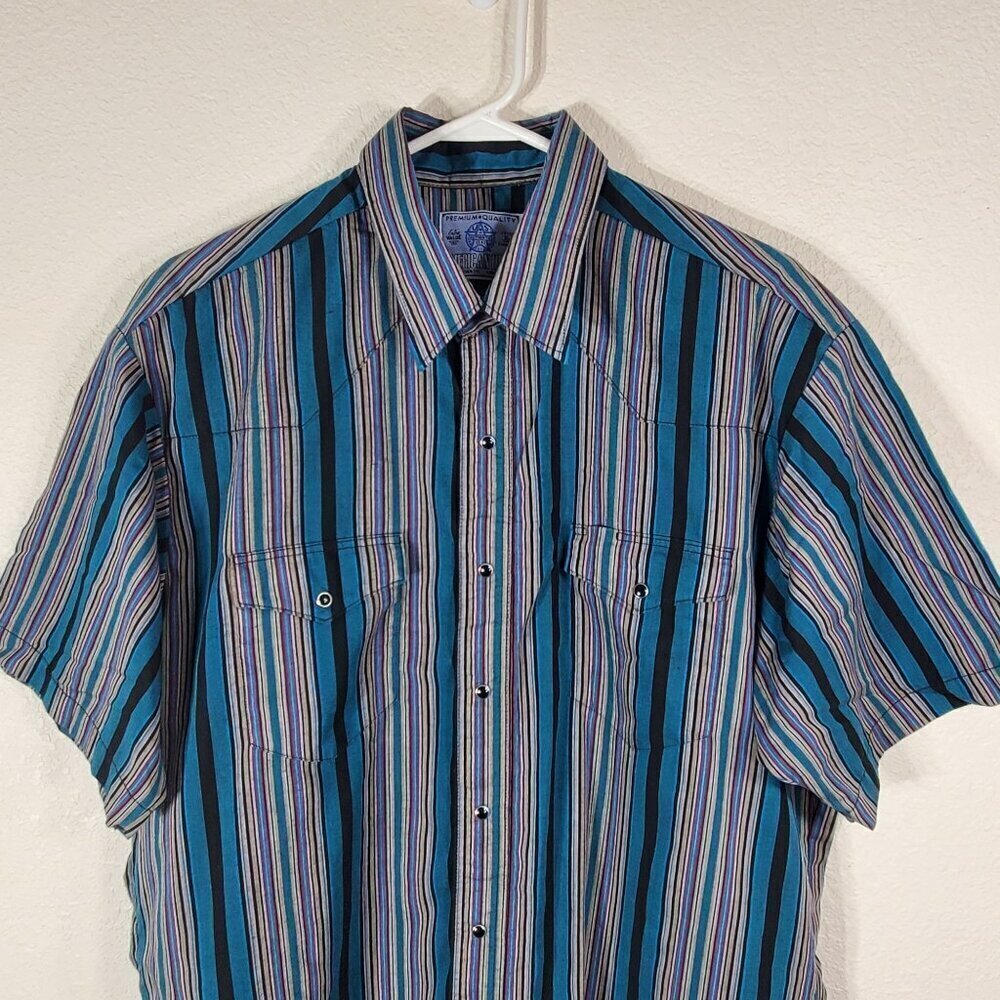 VTG American Hero Mens Medium Western Striped Short Sleeve Snap Button Shirt